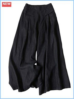 Cotton Linen Wide Leg Culottes Capri Pants Elastic Waist Pull-On Palazzo
